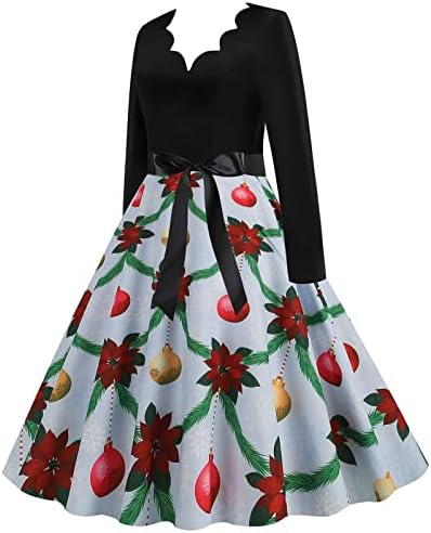 חג המולד נשים של קלאסי תה שמלת מסולסל צוואר ארוך שרוול שמלה עם חגורת חג נדנדה קוקטייל המפלגה שמלות