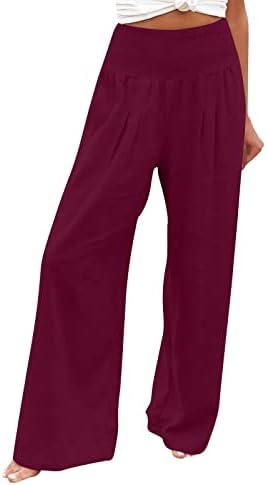 מכנסי פשתן כותנה של נשים מכנסי רגל רחבים מזדמנים צבע מוצק מכנסי רגל רחבים