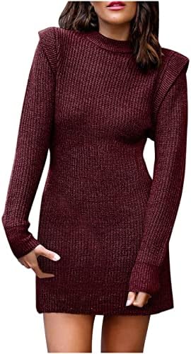 נשים של ארוך שרוול מוק צוואר סוודר סוודר שמלות מצולעים לסרוג בגד גוף מיני סוודר שמלה מוצק צבע טוניקת