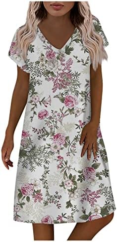שמלות שרוול קצר של אייאסו לנשים 2023 הדפס אתני V צוואר שמלת אמצע שמלת קיץ חוף קיץ מזדמן רופף נוחות נוחות