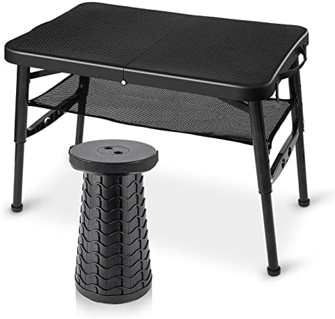 שולחן קמפינג מתקפל קטן נייד - שולחן גובה מתכוונן עם שרפרף מתקפל ושכבת רשת שולחן מתקפל משקל קל עם ידית