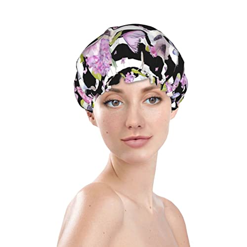 כובע מקלחת מודפס של פרחים פרחים, שכבות כפולות כובע אמבטיה לנשים אטום למים כובעי מקלחת אמבטיה אלסטיים