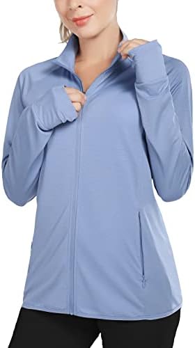 חולצות שרוול ארוכות לנשים בולף UPF 50+ הגנת שמש מלאה מעילים אתלטים מלאים מפעילים כיסי רוכסן קלים