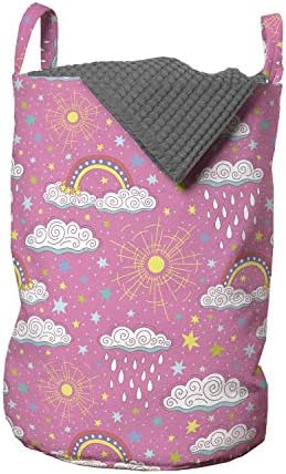 שק כביסה גשם אמבסון, דפוס בסגנון שרבוט עם מקלחת קשתות בענן עננים גשומים קשת וכוכבים צבעוניים, סל סל