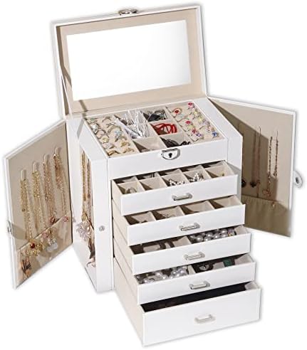 קופסת תכשיטים Boovo לנשים, 6 שכבות מארגן תכשיטים גדול עם מראה, קופסת אחסון רב פונקציונלית עם מנעול,